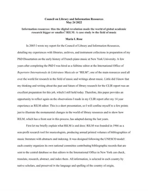 Cover image for Information resources: Has the digital revolution made the world of global academic research bigger or smaller? RILM: A case study in the field of music