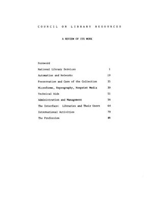 Cover image for COUNCIL ON LIBRARY RESOURCES: A REVIEW OF ITS WORK