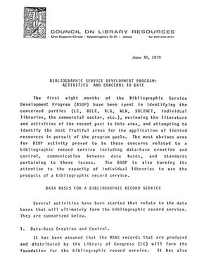 Cover image for BIBLIOGRAPHIC SERVICE DEVELOPMENT PROGRAM: ACTIVITIES AND CONCERNS TO DATE