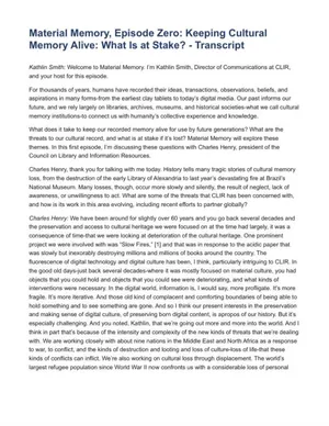 Cover image for Material Memory, Episode Zero: Keeping Cultural Memory Alive: What Is at Stake?